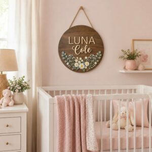 Personalized Wooden Name Sign For Nursery, Custom Name Wall Decor, Daisy Bouquet Wood Plaque For Girl Room, Baby Shower Gifts
