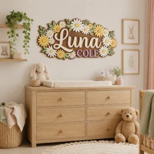 Personalized Wooden Name Sign For Nursery, Custom Name Wall Decor, Daisy Floral Wooden Wall Sign For Kid Room, Baby Shower Gifts - View 1