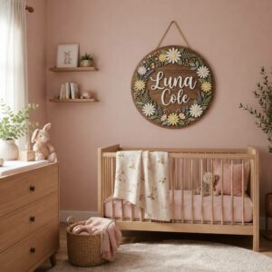 Personalized Wooden Name Sign For Nursery, Custom Name Wall Decor, Daisy Wildflower Wood Plaque For Nursery Room, Baby Shower Gifts