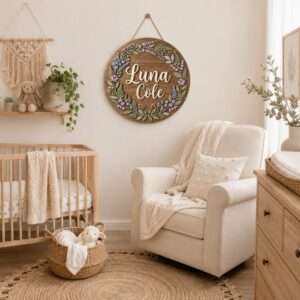 Personalized Wooden Name Sign For Nursery, Custom Name Wall Decor, Lavender Botanical Wood Plaque For Kid Room, Baby Shower Gifts - View 1