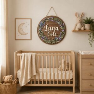Personalized Wooden Name Sign For Nursery, Custom Name Wall Decor, Lavender Botanical Wood Plaque For Kid Room, Baby Shower Gifts