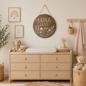 Personalized Wooden Name Sign For Nursery, Custom Name Wall Decor, Lavender Daisy Wildflower Wood Plaque For Kid Room, Baby Shower Gifts - View 1
