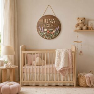 Personalized Wooden Name Sign For Nursery, Custom Name Wall Decor, Lavender Daisy Wildflower Wood Plaque For Kid Room, Baby Shower Gifts