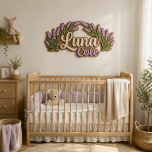 Personalized Wooden Name Sign For Nursery, Custom Name Wall Decor, Lavender Floral Wood Plaque For Girls Room, Baby Shower Gifts