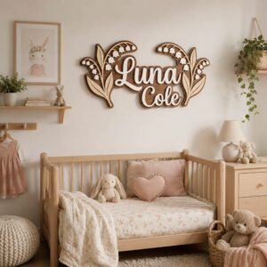 Personalized Wooden Name Sign For Nursery, Custom Name Wall Decor, Lily Of The Valley Wood Plaque For Girls Room, Baby Shower Gifts