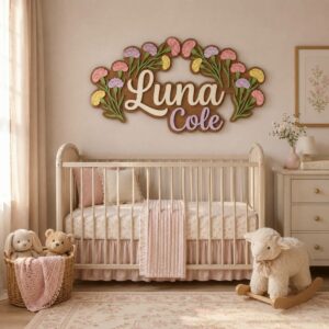 Personalized Wooden Name Sign For Nursery, Custom Name Wall Decor, Pastel Carnation Wooden Wall Sign For Kid Room, Baby Shower Gifts - View 1