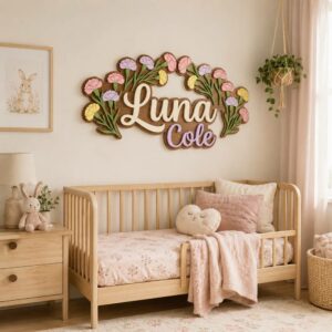 Personalized Wooden Name Sign For Nursery, Custom Name Wall Decor, Pastel Carnation Wooden Wall Sign For Kid Room, Baby Shower Gifts