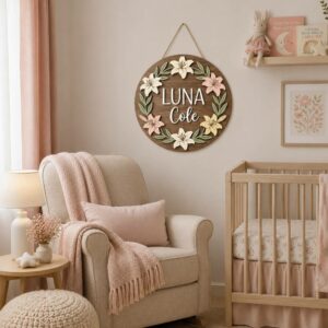 Personalized Wooden Name Sign For Nursery, Custom Name Wall Decor, Pastel Lily Wood Plaque For Kid Room, Baby Shower Gifts - View 1