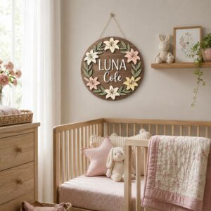 Personalized Wooden Name Sign For Nursery, Custom Name Wall Decor, Pastel Lily Wood Plaque For Kid Room, Baby Shower Gifts