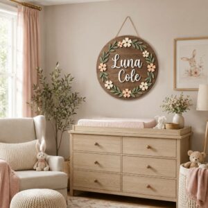 Personalized Wooden Name Sign For Nursery, Custom Name Wall Decor, Peach Blossom Wood Plaque For Girl Room, Baby Shower Gifts - View 1