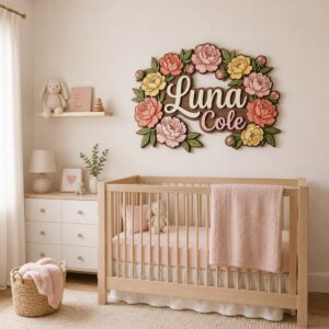 Personalized Wooden Name Sign For Nursery, Custom Name Wall Decor, Peony Floral Wooden Wall Sign For Girl Room, Baby Shower Gifts - View 1