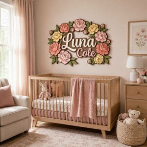 Personalized Wooden Name Sign For Nursery, Custom Name Wall Decor, Peony Floral Wooden Wall Sign For Girl Room, Baby Shower Gifts