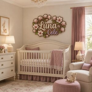 Personalized Wooden Name Sign For Nursery, Custom Name Wall Decor, Pink Magnolia Wooden Wall Sign For Kid Room, Baby Shower Gifts - View 1