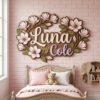 Personalized Wooden Name Sign For Nursery, Custom Name Wall Decor, Pink Magnolia Wooden Wall Sign For Kid Room, Baby Shower Gifts - View 3