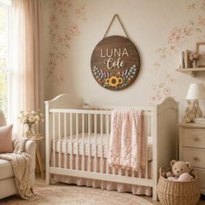 Personalized Wooden Name Sign For Nursery, Custom Name Wall Decor, Sunflower Bouquet Wood Plaque For Kid Room, Baby Shower Gifts