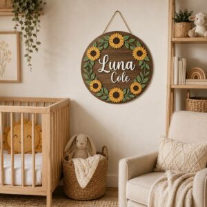 Personalized Wooden Name Sign For Nursery, Custom Name Wall Decor, Sunflower Wooden Wall Sign For Kid Room, Baby Shower Gifts - View 1