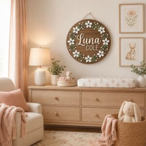 Personalized Wooden Name Sign For Nursery, Custom Name Wall Decor, White Daisy Floral Wood Plaque For Girls Room, Baby Shower Gifts - View 1