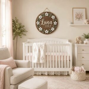 Personalized Wooden Name Sign For Nursery, Custom Name Wall Decor, White Daisy Floral Wood Plaque For Girls Room, Baby Shower Gifts