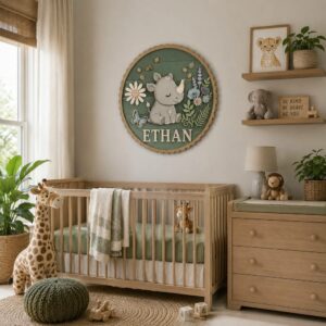 Personalized Wooden Name Sign For Nursery, Custom Rhino Wooden Wall Sign For Kids Room Decor, Baby Shower Gifts - View 1