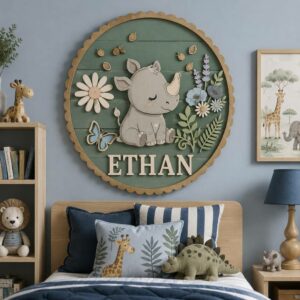 Personalized Wooden Name Sign For Nursery, Custom Rhino Wooden Wall Sign For Kids Room Decor, Baby Shower Gifts