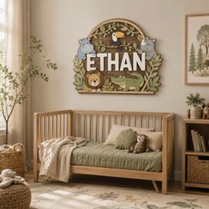 Personalized Wooden Name Sign For Nursery, Custom Safari Animal Wood Plaque For Kids Room Decor, Wall Art, Baby Shower Gifts - View 1
