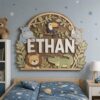 Personalized Wooden Name Sign For Nursery, Custom Safari Animal Wood Plaque For Kids Room Decor, Wall Art, Baby Shower Gifts - View 3