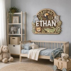 Personalized Wooden Name Sign For Nursery, Custom Safari Animal Wood Plaque For Kids Room Decor, Wall Art, Baby Shower Gifts
