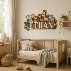 Personalized Wooden Name Sign For Nursery, Custom Safari Animal Wooden Wall Sign For Kids Room, Baby Shower Gifts