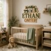 Personalized Wooden Name Sign For Nursery, Custom Safari Animal Wooden Wall Sign With Zebra Elephant Rhino, Baby Shower Gifts - View 1