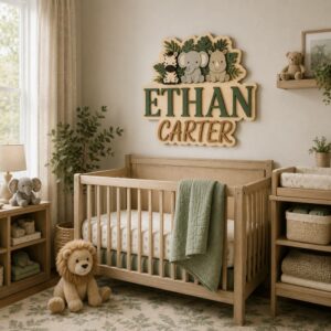 Personalized Wooden Name Sign For Nursery, Custom Safari Animal Wooden Wall Sign With Zebra Elephant Rhino, Baby Shower Gifts - View 1