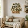 Personalized Wooden Name Sign For Nursery, Custom Safari Animal Wooden Wall Sign With Zebra Elephant Rhino, Baby Shower Gifts - View 3