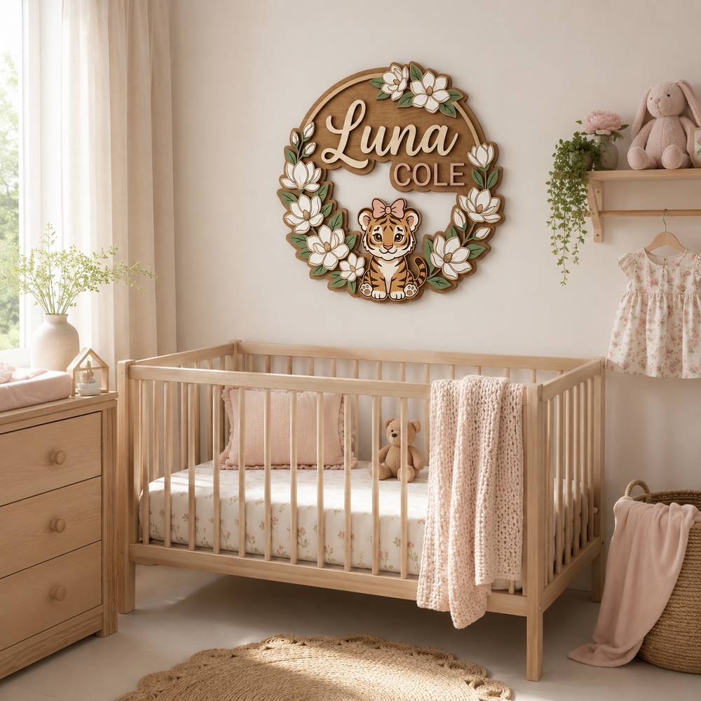 Personalized Wooden Name Sign For Nursery, Custom Tiger Wooden Wall Sign With Magnolia Wreath, Wood Sign Girl Room, Baby Shower Gifts - View 1