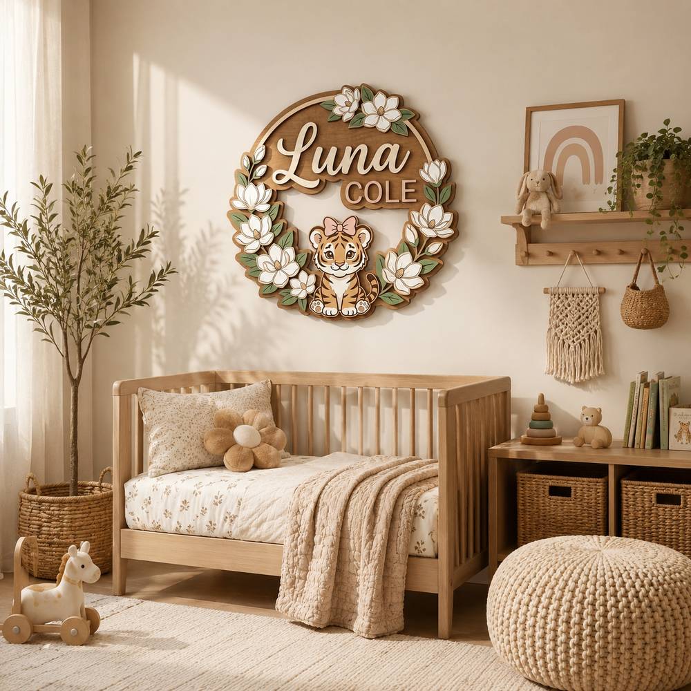 Personalized Wooden Name Sign For Nursery, Custom Tiger Wooden Wall Sign With Magnolia Wreath, Wood Sign Girl Room, Baby Shower Gifts - View 2