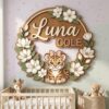 Personalized Wooden Name Sign For Nursery, Custom Tiger Wooden Wall Sign With Magnolia Wreath, Wood Sign Girl Room, Baby Shower Gifts - View 3