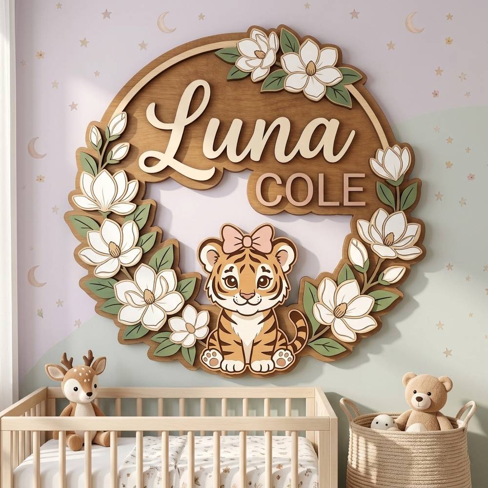 Personalized Wooden Name Sign For Nursery, Custom Tiger Wooden Wall Sign With Magnolia Wreath, Wood Sign Girl Room, Baby Shower Gifts - View 3