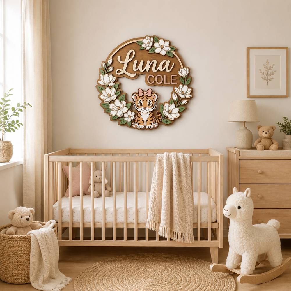 Personalized Wooden Name Sign For Nursery, Custom Tiger Wooden Wall Sign With Magnolia Wreath, Wood Sign Girl Room, Baby Shower Gifts