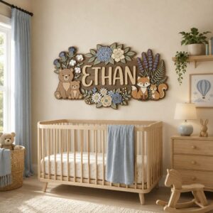 Personalized Wooden Name Sign For Nursery, Custom Woodland Animal Wooden Wall Sign With Bear Fox Squirrel, Wood Sign Kid Room, Baby Shower Gifts - View 1