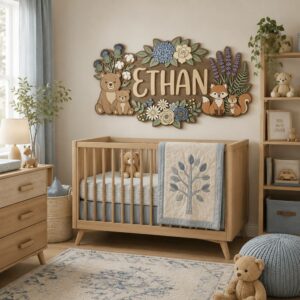 Personalized Wooden Name Sign For Nursery, Custom Woodland Animal Wooden Wall Sign With Bear Fox Squirrel, Wood Sign Kid Room, Baby Shower Gifts