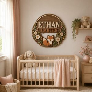 Personalized Wooden Name Sign For Nursery, Custom Woodland Fox Wooden Wall Sign With Floral Wreath, Wood Sign Kid Room, Baby Shower Gifts - View 1