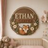 Personalized Wooden Name Sign For Nursery, Custom Woodland Fox Wooden Wall Sign With Floral Wreath, Wood Sign Kid Room, Baby Shower Gifts