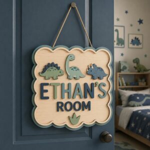 Personalized Wooden Name Sign For Nursery, Dinosaur Kids Room Door Sign Custom Bedroom Wall Decor Plaque Gifts, Newborn Keepsake, Baby Shower Gifts - Style 1