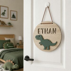 Personalized Wooden Name Sign For Nursery, Dinosaur Nursery Wall Decor Kids Room, Custom Wood Plaque Signs, Newborn Keepsake, Baby Shower Gifts - Style 1