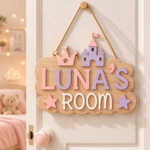 Personalized Wooden Name Sign For Nursery, Fairytale Castle Room Sign Custom Girls Bedroom Wall Decor Plaque Sign, Newborn Keepsake, Baby Shower Gifts - Style 1
