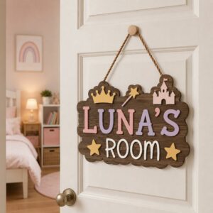 Personalized Wooden Name Sign For Nursery, Fairytale Castle Room Sign Custom Girls Bedroom Wall Decor Plaque Sign, Newborn Keepsake, Baby Shower Gifts - Style 2