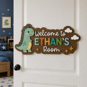 Personalized Wooden Name Sign For Nursery, Newborn Keepsake, Dinosaur Kids Room Door Sign Custom Bedroom Wall Decor Plaque, Baby Shower Gifts - Style 2