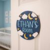 Personalized Wooden Name Sign For Nursery, Newborn Keepsake, Moon Star Cloud Decor, Custom Round Kids Room Door Plaque Wall Art, Baby Shower Gifts - Style 1