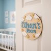 Personalized Wooden Name Sign For Nursery, Newborn Keepsake, Moon Star Cloud Decor, Custom Round Kids Room Door Plaque Wall Art, Baby Shower Gifts - Style 2