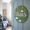 Personalized Wooden Name Sign For Nursery, Newborn Keepsake, Moon Star Cloud Decor, Custom Round Kids Room Door Plaque Wall Art, Baby Shower Gifts - Style 3