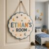 Personalized Wooden Name Sign For Nursery, Newborn Keepsake, Moon Star Nursery Decor, Custom Round Kids Room Door Plaque Wall Art, Newborn Keepsake - Style 1