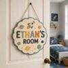 Personalized Wooden Name Sign For Nursery, Newborn Keepsake, Moon Star Nursery Decor, Custom Round Kids Room Door Plaque Wall Art, Newborn Keepsake - Style 2